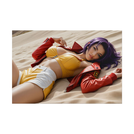 Waifu Wall Art Poster | Faye Valentine Anime Print for Otaku Room Decor - cinematic portrait of Faye in yellow outfit and red jacket on sand
