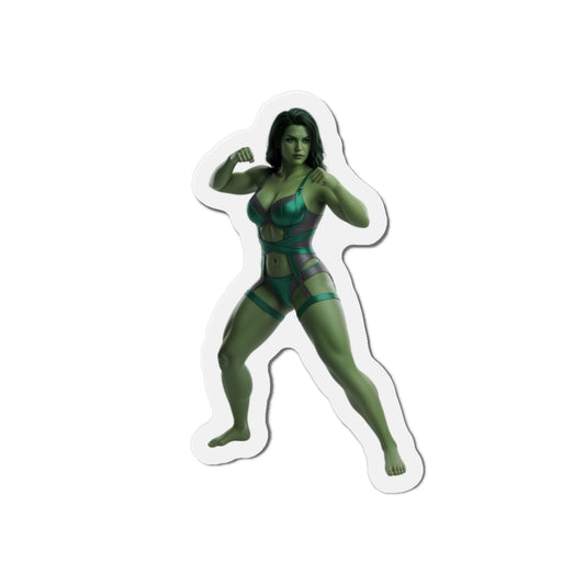 She-Hulk Magnet – Marvel Heroine Fridge Magnet, Anime Style Decor die-cut vinyl sticker showing confident green She-Hulk in anime-style fighting pose