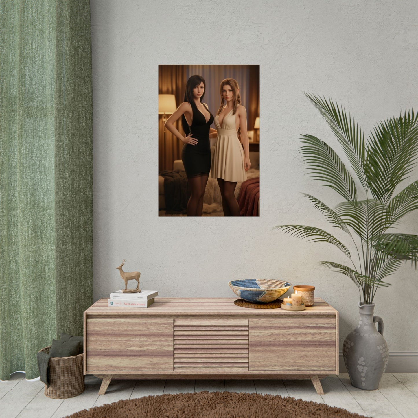 Tifa Aerith Poster, Final Fantasy Art Print – RPG Duo Collector Wall Art displayed on living room wall above console