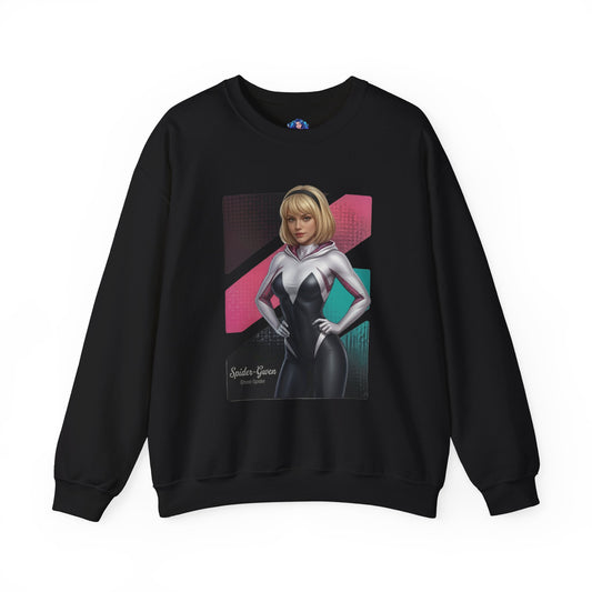 Spider Gwen Sweatshirt, Spider-Verse Crewneck, Stylish Superhero Apparel for Fans — black crewneck with white-pink Spider Gwen artwork front