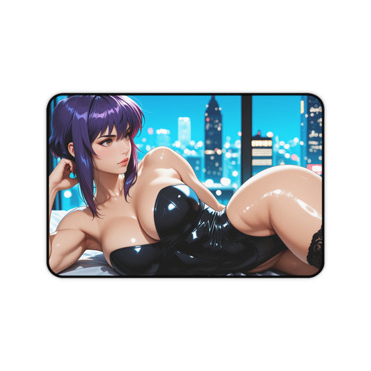 Motoko Kusanagi Gaming Mouse Pad, Ghost in the Shell Desk Mat, Cyberpunk Anime Setup featuring seductive futuristic Major in glossy outfit on cityscape desk mat
