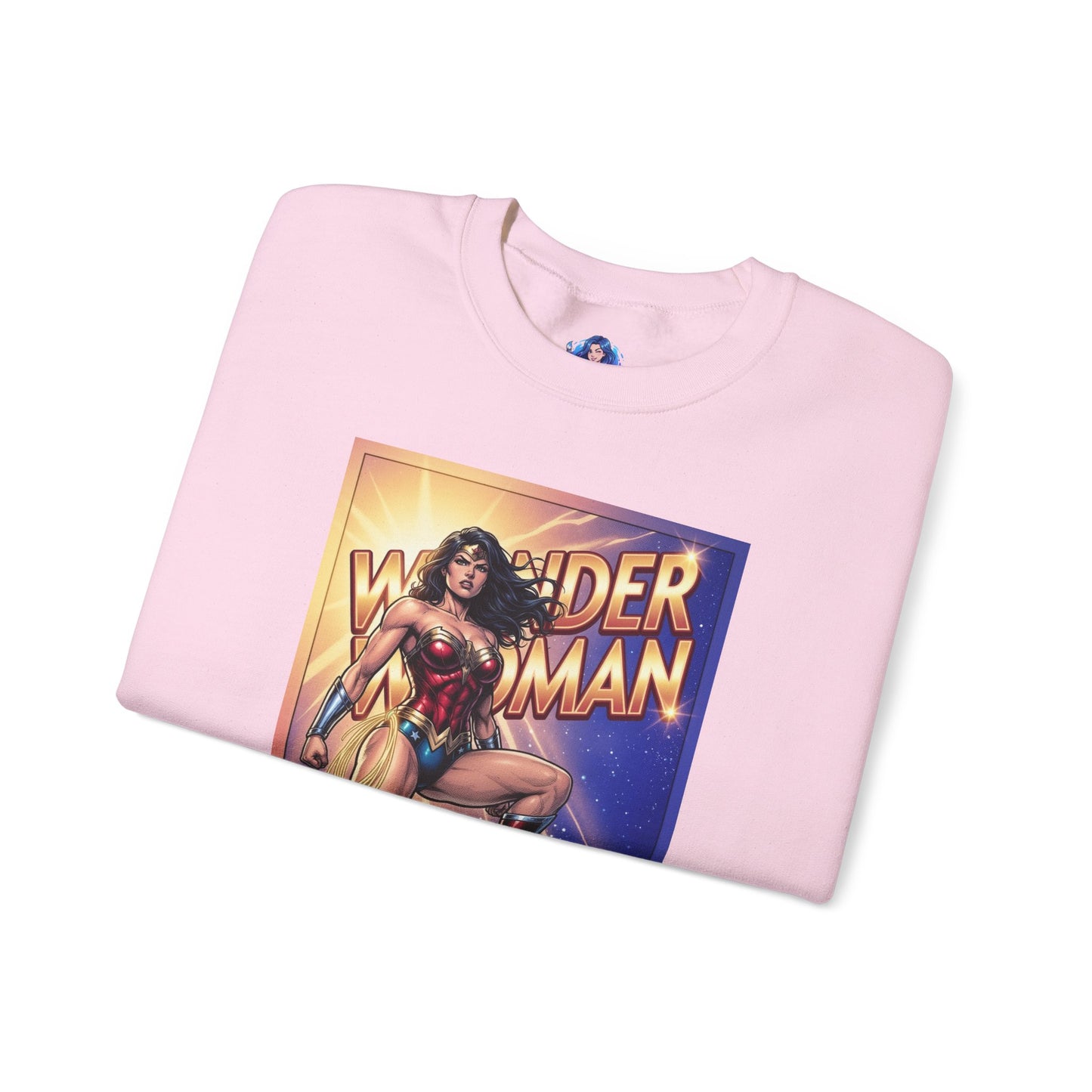 Wonder Woman Sweatshirt, DC Comics Character Art, Premium Fan Apparel - folded pink crewneck featuring illustrated Wonder Woman in red and gold tones