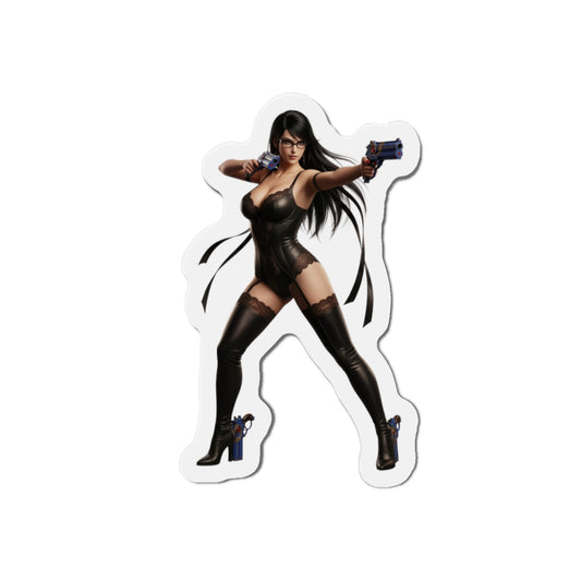 Bayonetta Magnet – Action Game Heroine Fridge Magnet, Anime Style Decor: die-cut vinyl fridge magnet of Bayonetta in black outfit aiming dual guns
