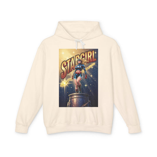 Stargirl Hoodie | DC Superhero Hoodie | Cosmic Staff Pullover featuring vintage comic art of Stargirl with cosmic staff on cream cotton pullover