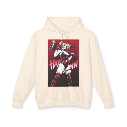 Harley Quinn Hoodie | DC Villain Hoodie | Chaos Queen Pullover - cream streetwear pullover with Harley Quinn graphic and mallet