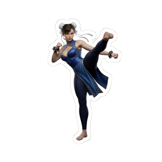 Chun-Li Sticker – Street Fighter Vinyl Sticker for Laptops & Indoor Decor showing dynamic kicking pose on glossy durable vinyl