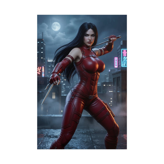 Elektra Poster, Marvel Wall Art Print – Comic Heroine Decor showing Elektra in red suit poised with sais on a rainy rooftop at night