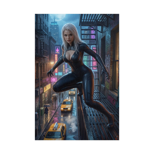Black Cat Poster, Marvel Art Print – Iconic Comic Anti-Heroine Wall Art featuring Black Cat perched on fire escape over neon city street