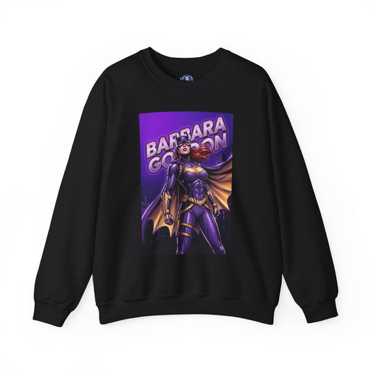 Batgirl Sweatshirt, DC Comics Crewneck, Gotham Hero Fan Apparel with bold purple-and-gold Batgirl comic print on black crewneck
