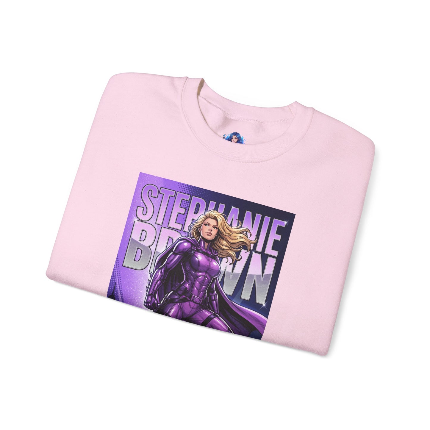 Stephanie Brown Sweatshirt, DC Comics Art Print Style, Premium Hero Apparel – folded pink crewneck featuring Stephanie Brown in purple tactical suit artwork