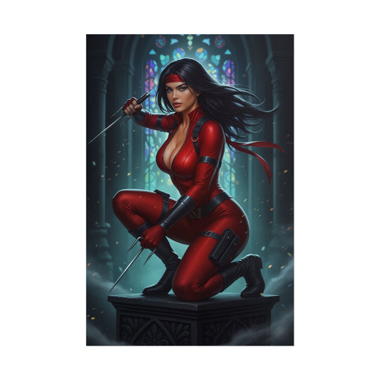 Elektra Marvel Poster – Iconic Assassin Heroine Wall Art for Gamer Decor featuring Elektra in red suit poised on pedestal with sais
