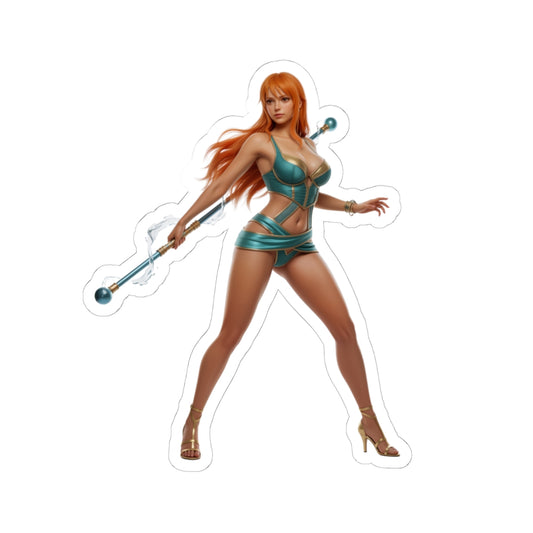 Nami One Piece Sticker – Anime Character Vinyl Sticker for Laptops & Indoor Decor, glossy durable vinyl laptop decal featuring Nami with staff