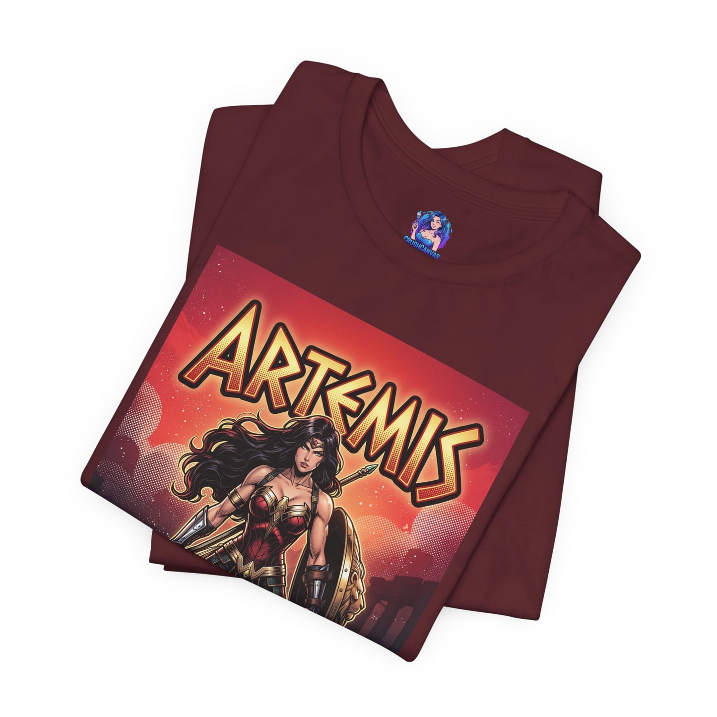 Artemis T-Shirt | DC Comics Anime Tee for Gamers & Fans folded burgundy tee with comic-style Artemis warrior print