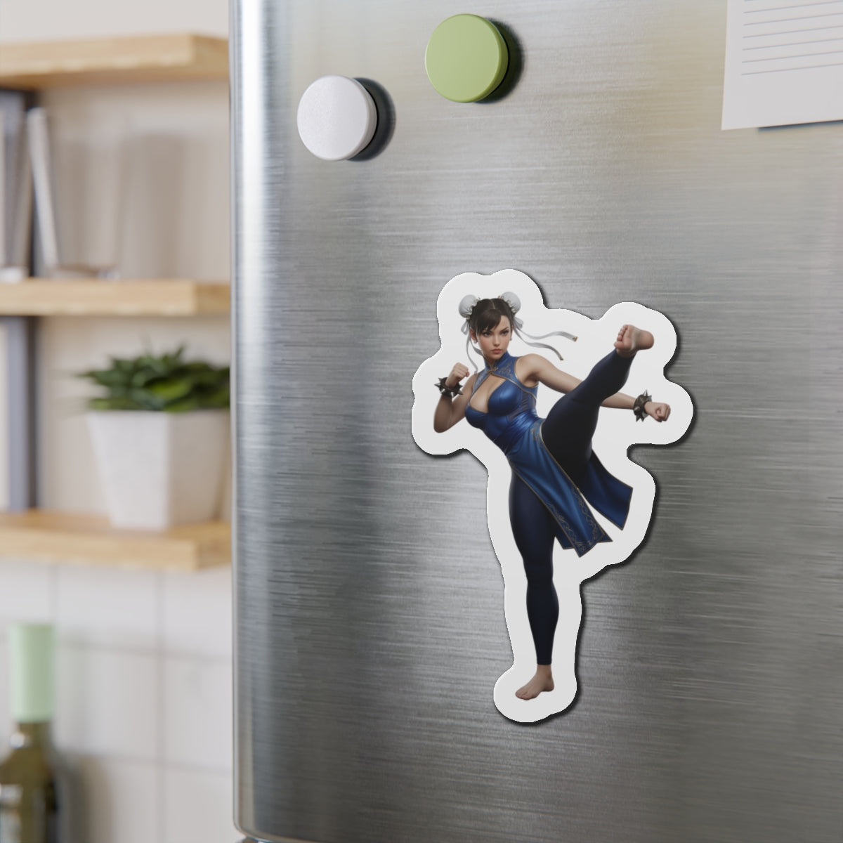 Chun-Li Magnet – Street Fighter Anime Heroine Fridge Magnet, Game Decor on stainless steel fridge showing die-cut vinyl anime artwork