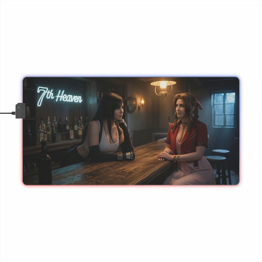 Tifa Lockhart & Aerith Gainsborough Desk Mat – LED RGB Pad showcasing Tifa and Aerith at a bar scene with RGB edge lighting