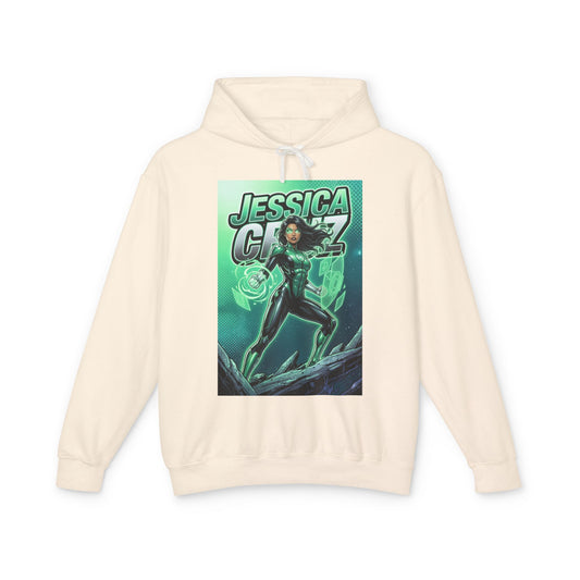 Jessica Cruz Hoodie | Green Lantern Hoodie | DC Superhero Pullover - cream pullover with glowing green Jessica Cruz comic art on front