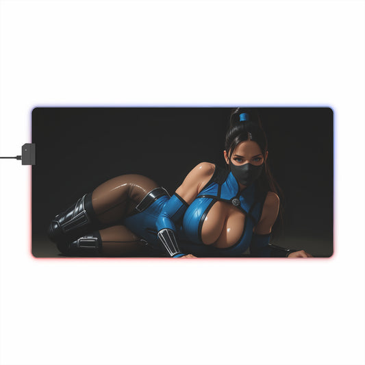 Kitana Desk Mat – LED RGB Pad, Waifu Anime Girl Gaming Setup featuring reclining waifu in blue combat outfit with RGB edge lighting