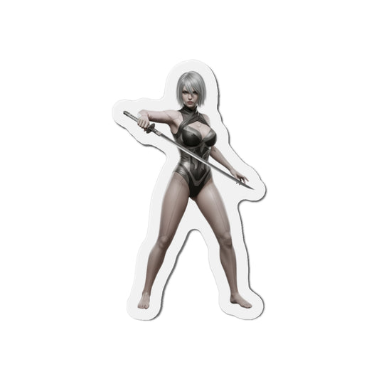 A2 Magnet – NieR Automata Anime Heroine Fridge Magnet, Game Decor: die-cut vinyl magnet of A2 with sword, high-res anime artwork for fridges and gaming setups