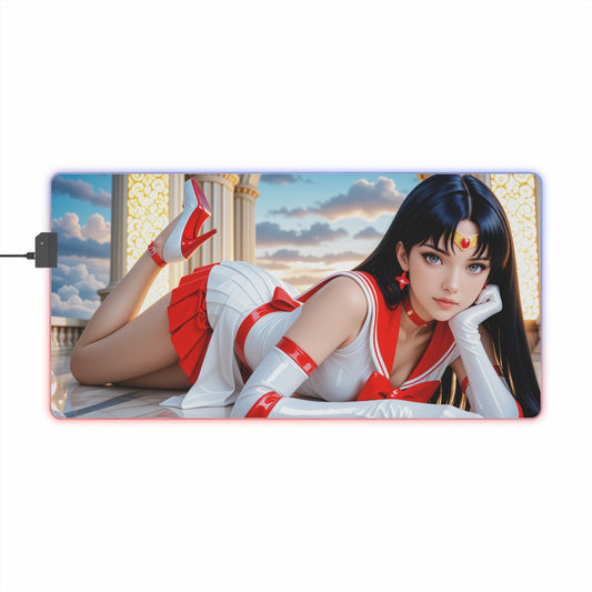 Sailor Mars Desk Mat – LED RGB Pad, Waifu Anime Girl Gaming Setup featuring reclining Sailor Mars artwork on a smooth RGB gaming mouse pad
