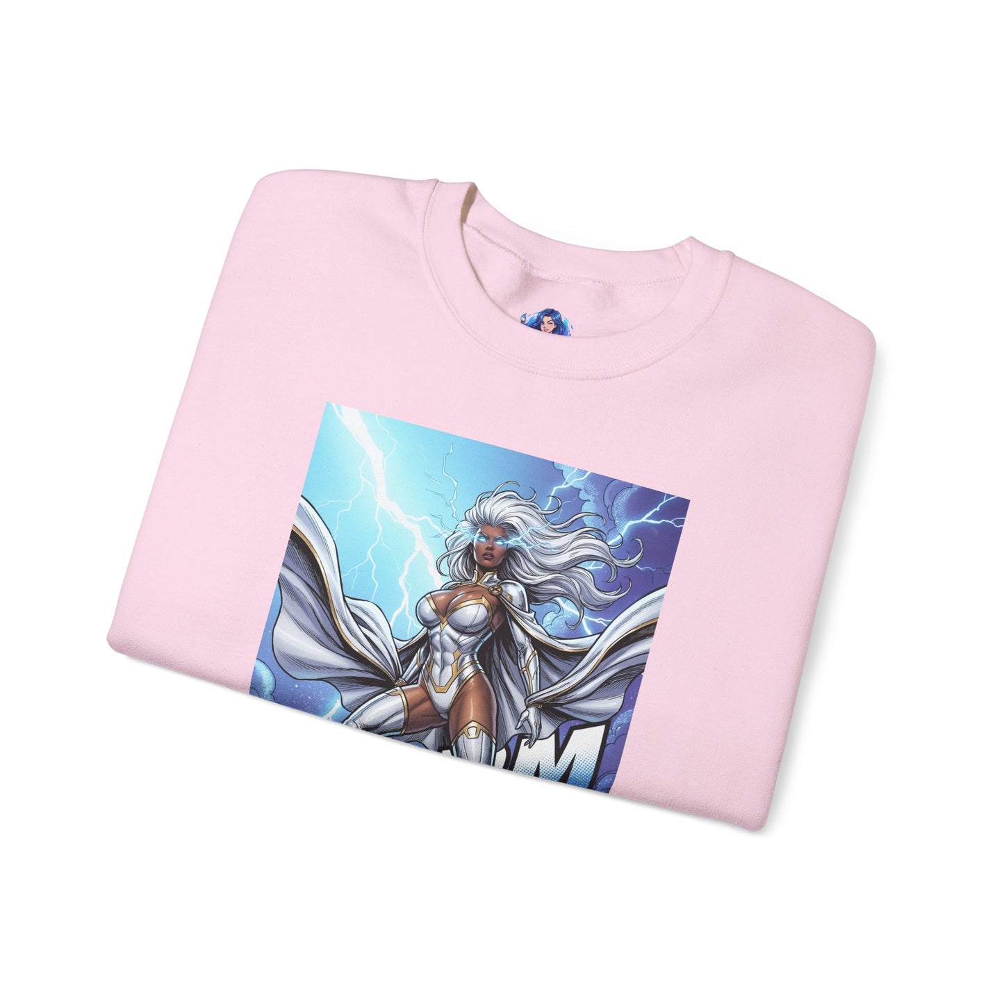 Storm Sweatshirt, Marvel Crewneck, Goddess of the Skies Fan Apparel — pink crewneck with comic-style Storm artwork, flowing white hair and lightning