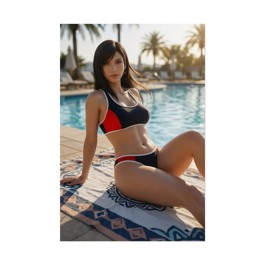 Tifa Final Fantasy Poster – Iconic RPG Heroine Wall Art for Gamer Decor, high-res poster showing Tifa-inspired heroine by a pool in sporty swimwear, vivid detail