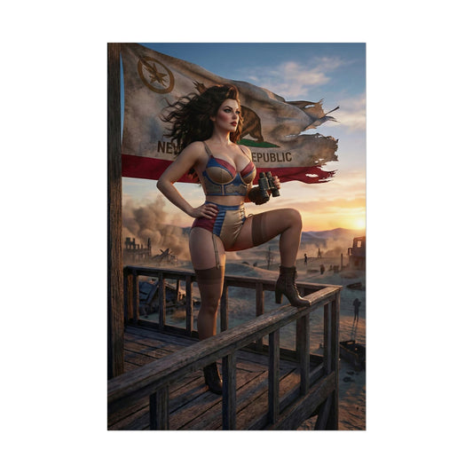 Fallout Frontier Woman Poster / Fallout Frontier Wall Art / Fallout Frontier Art Print / Fallout Poster - cinematic woman leader overlooking wasteland with binoculars