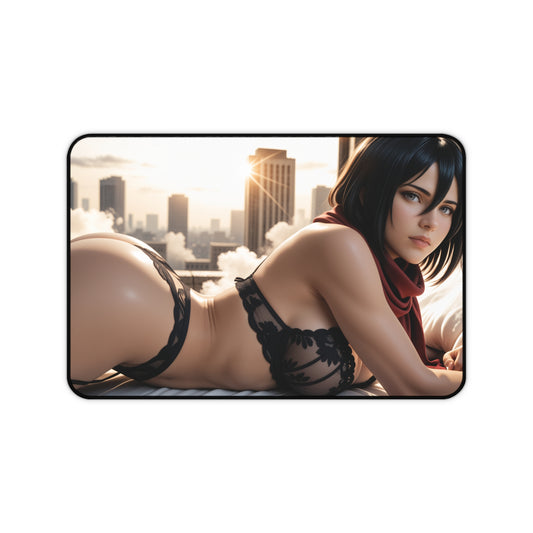 Mikasa Desk Mat, Anime Gaming Mouse Pad, Attack on Titan Heroine Large Pad featuring Mikasa in detailed anime art on a large gaming desk mat