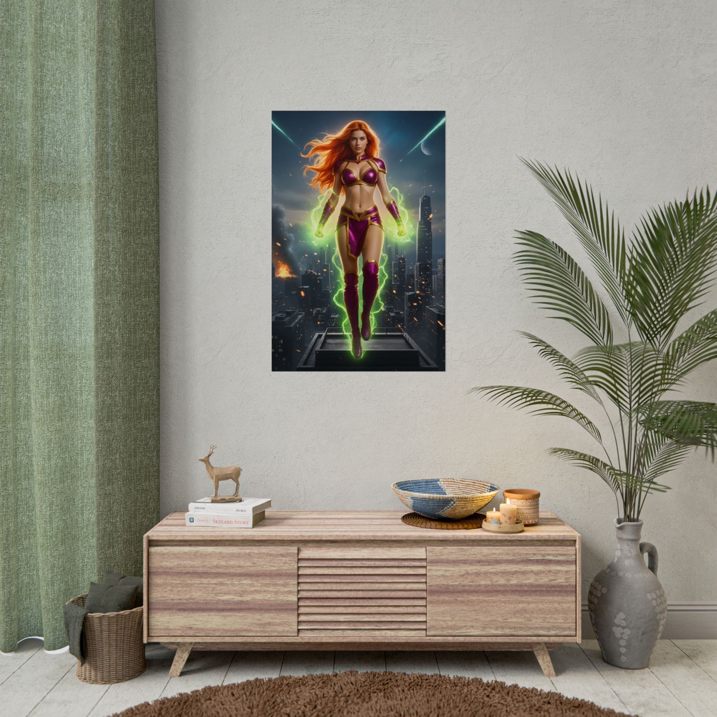 Starfire Poster, Teen Titans Art Print, Iconic Alien Hero Wall Decor - vibrant Starfire art print glowing over a cityscape, bold colors for gaming or comic rooms