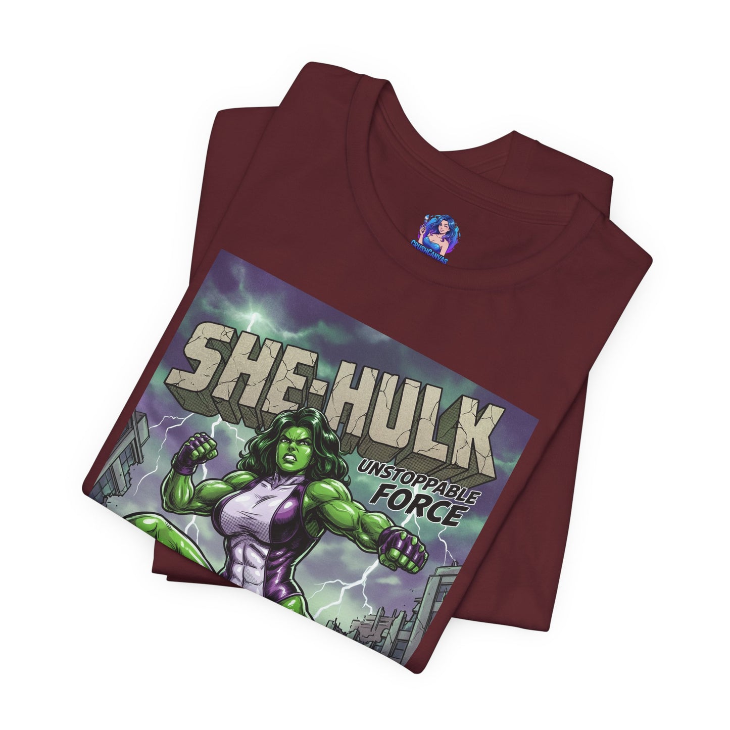 She-Hulk T-Shirt | Marvel Comics Anime Tee for Gamers & Fans featuring bold comic She-Hulk action pose on maroon Bella Canvas tee