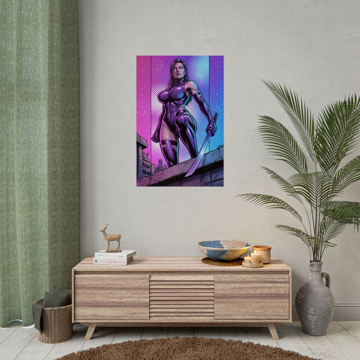 Psylocke Poster / Psylocke Wall Art / Psylocke Art Print / X-Men Poster - neon purple Psylocke warrior print on living room wall
