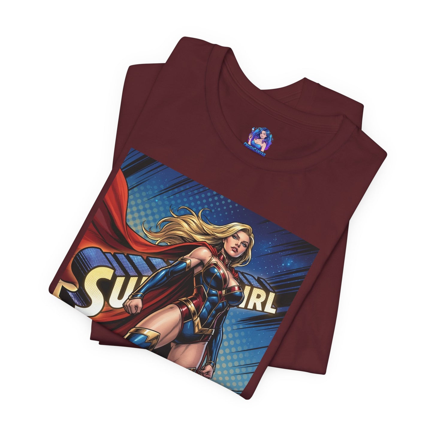 Supergirl T-Shirt | DC Comics Anime Tee for Gamers & Fans graphic tee showing bold Supergirl illustration on maroon Bella Canvas 3001 unisex shirt