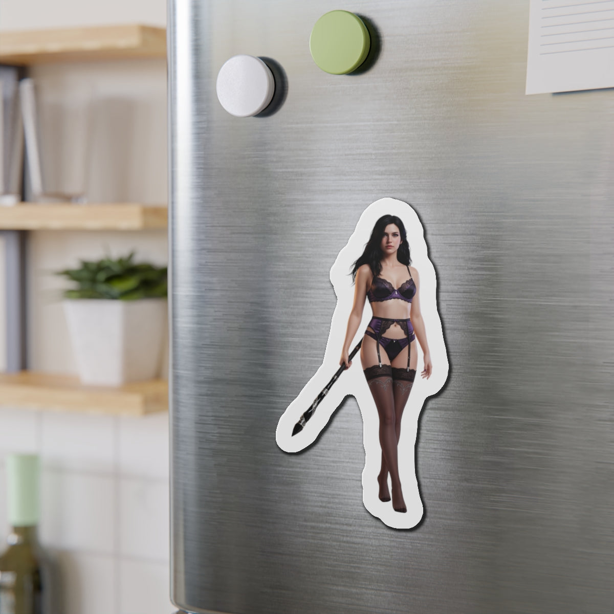 Yennefer Magnet – Fantasy Sorceress Fridge Magnet, Anime Style Decor die-cut vinyl magnet of fierce sorceress in anime-style artwork on stainless fridge