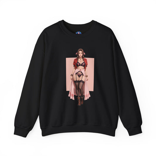 Aerith Gainsborough Sweatshirt, FFVII Crewneck featuring elegant pink-dress artwork of Aerith with braid and soft smile for collectors