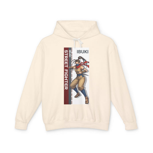 Ibuki Hoodie | Street Fighter Hoodie | Anime Ninja Girl Pullover cream pullover with vertical Ibuki Street Fighter graphic of anime ninja girl
