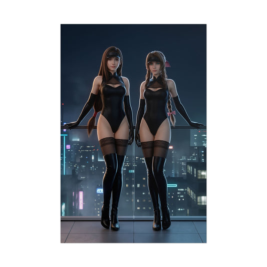 Tifa Aerith Poster, Final Fantasy Art Print – Classic JRPG Wall Art showing Tifa and Aerith in sleek black outfits on a city balcony at night
