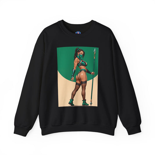 Jade Mortal Kombat Sweatshirt, Fighting Game Crewneck, Gaming Apparel for Fans featuring anime-style Jade with bo staff on black crewneck