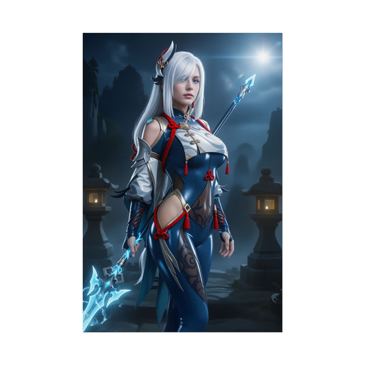 Shenhe Poster, Genshin Impact Art Print – Iconic Cryo Adeptus Heroine showing elegant Shenhe with polearm in moonlit shrine scene