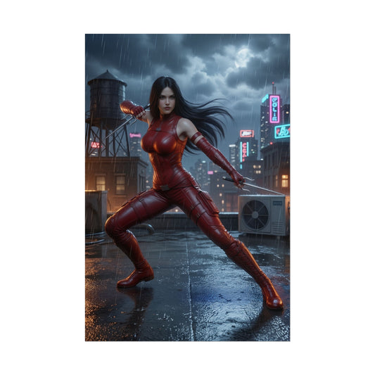 Elektra Poster, Marvel Art Print – Superhero Assassin Wall Art - dynamic rooftop pose of Elektra in rain-soaked red costume for gamer rooms and fan collections