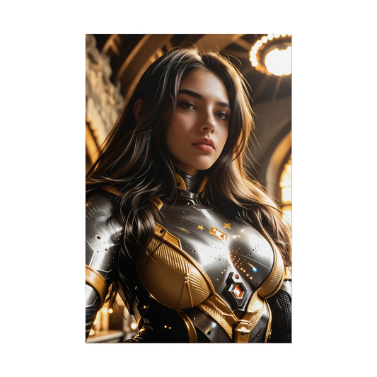 Tachy Stellar Blade Poster – Futuristic Heroine Wall Art for Gaming Room Decor, ultra-high-res sci-fi heroine portrait in metallic gold armor