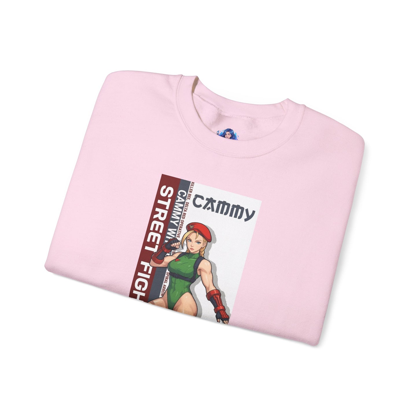 Cammy Sweatshirt, Street Fighter Crewneck, Classic Fighting Game Apparel for Fans - pink crewneck with Cammy artwork