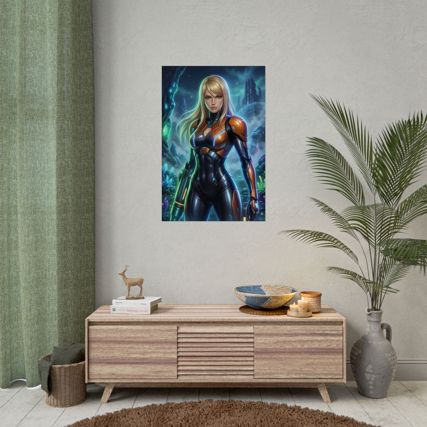 Samus Aran Sci Fi Armor Girl Poster Space Bounty Hunter Wall Art Futuristic Woman Print Gaming Room Decor Gift
