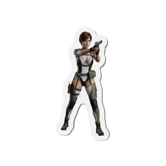 Rebecca Chambers Magnet – Resident Evil Heroine Fridge Magnet, Game Decor: die-cut vinyl fridge magnet showing Rebecca Chambers aiming a handgun in anime-style art
