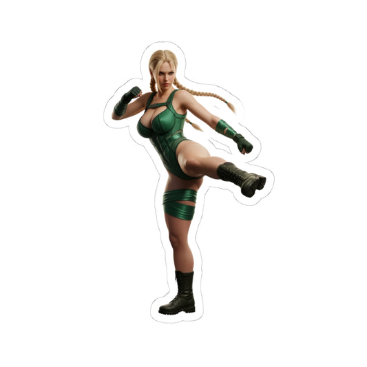 Cammy White Sticker – Street Fighter Vinyl Sticker for Laptops & Indoor Decor featuring dynamic kicking pose, glossy durable vinyl, crisp vibrant print