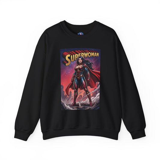 Superwoman Sweatshirt, DC Comics Power Art, Premium Fan Apparel - black crewneck featuring armored Superwoman artwork with cape and metallic accents