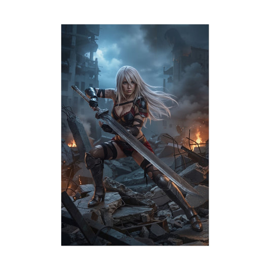 A2 Poster, NieR Automata Art Print – Iconic Android Warrior Wall Art featuring A2 in battle-ready pose with sword amid ruined cityscape