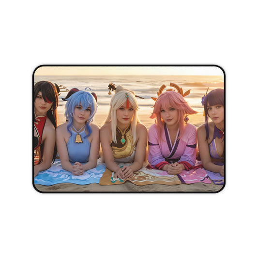 Genshin Impact Girls Gaming Mouse Pad, Anime RPG Desk Mat, Fantasy Heroine Setup featuring five heroines on a beach sunset desk mat