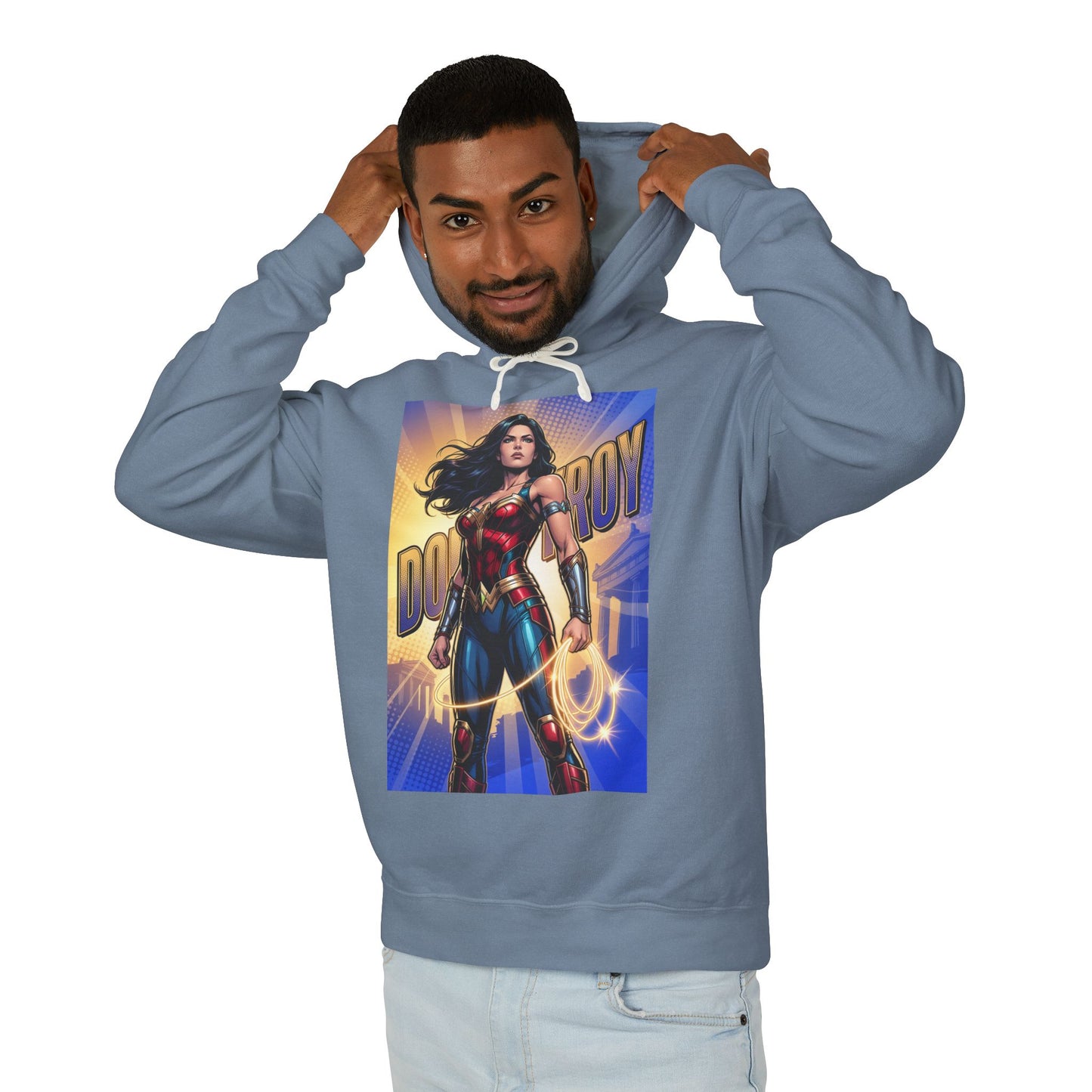 Donna Troy Hoodie | DC Superhero Hoodie | Amazon Legacy Pullover - model wearing blue cotton pullover with bold Donna Troy warrior graphic