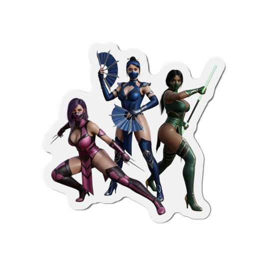 Kitana, Jade, Mileena Magnet – Mortal Kombat Anime Trio Fridge Magnet die-cut vinyl magnet showing anime-style Kitana Jade Mileena trio for fridges