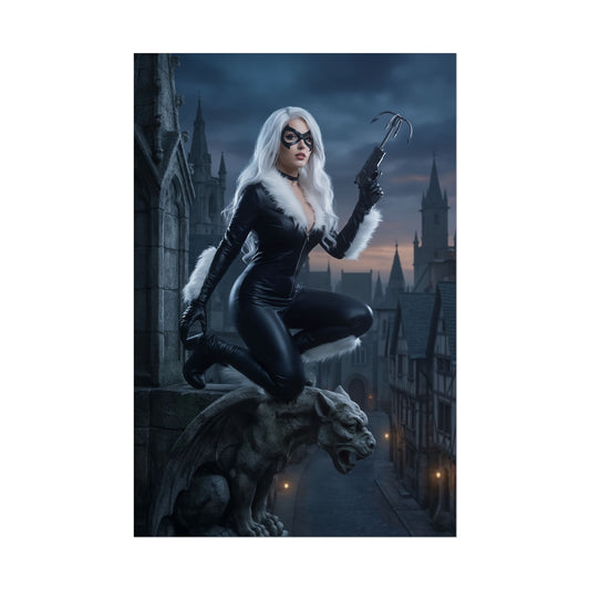 Black Cat Poster, Marvel Art Print – Iconic Anti-Heroine Wall Art featuring Black Cat in black leather suit perched on a gargoyle over a gothic city