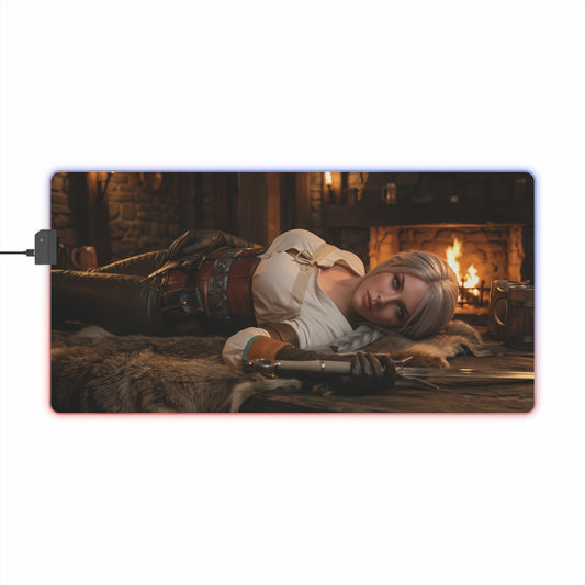Ciri Desk Mat – LED RGB Pad, Waifu Fantasy Girl Gaming Setup showing heroine reclining by a hearth with smooth precision-cloth surface
